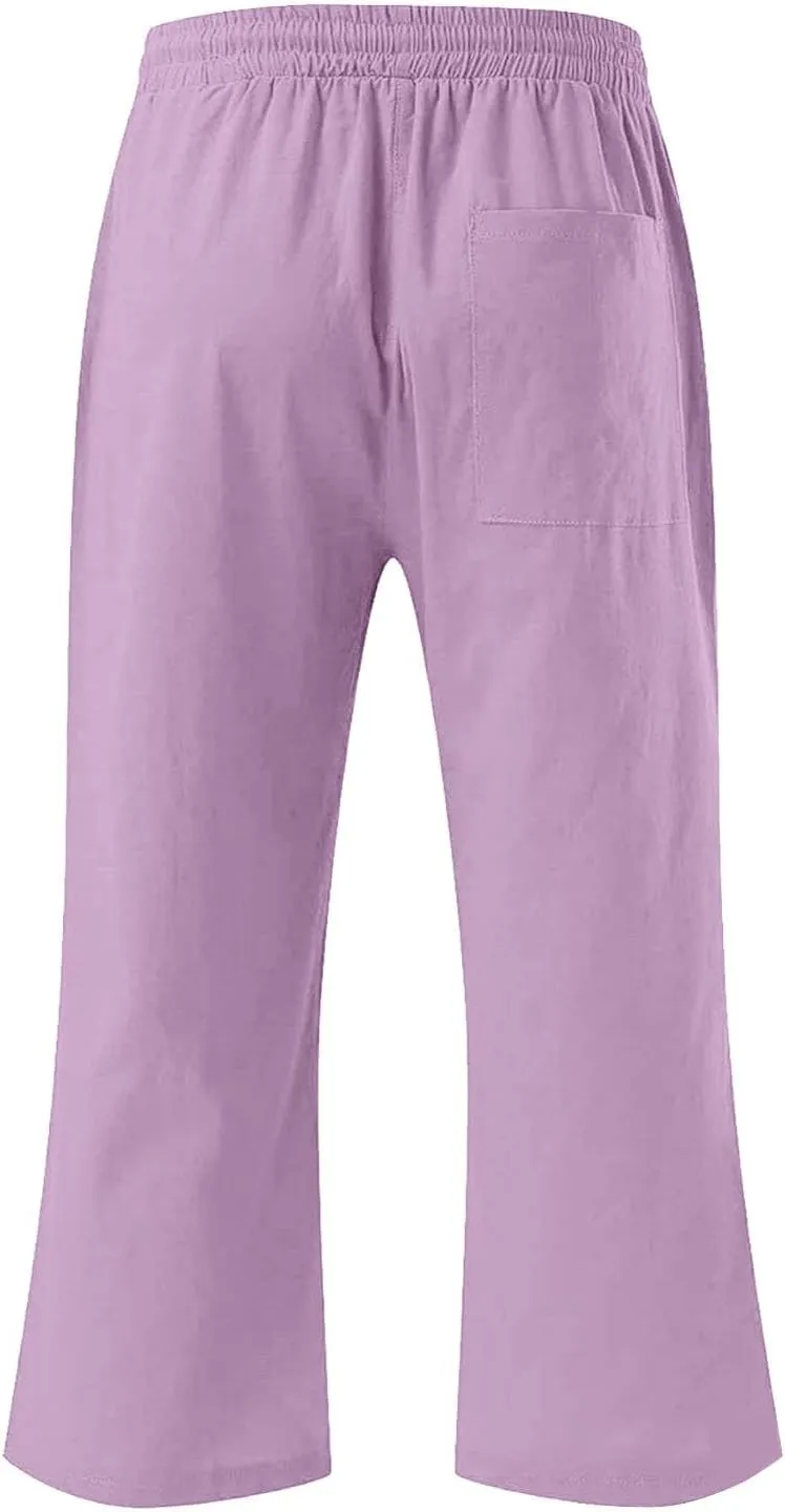 Girls 3/4 Linen Straight Wide Leg Pants Baggy Solid Color High Elastic Waist Trousers Lightweight Pants with Pockets