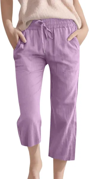 Girls 3/4 Linen Straight Wide Leg Pants Baggy Solid Color High Elastic Waist Trousers Lightweight Pants with Pockets