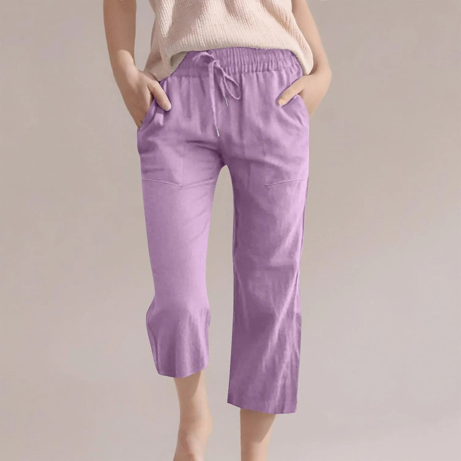 Girls 3/4 Linen Straight Wide Leg Pants Baggy Solid Color High Elastic Waist Trousers Lightweight Pants with Pockets