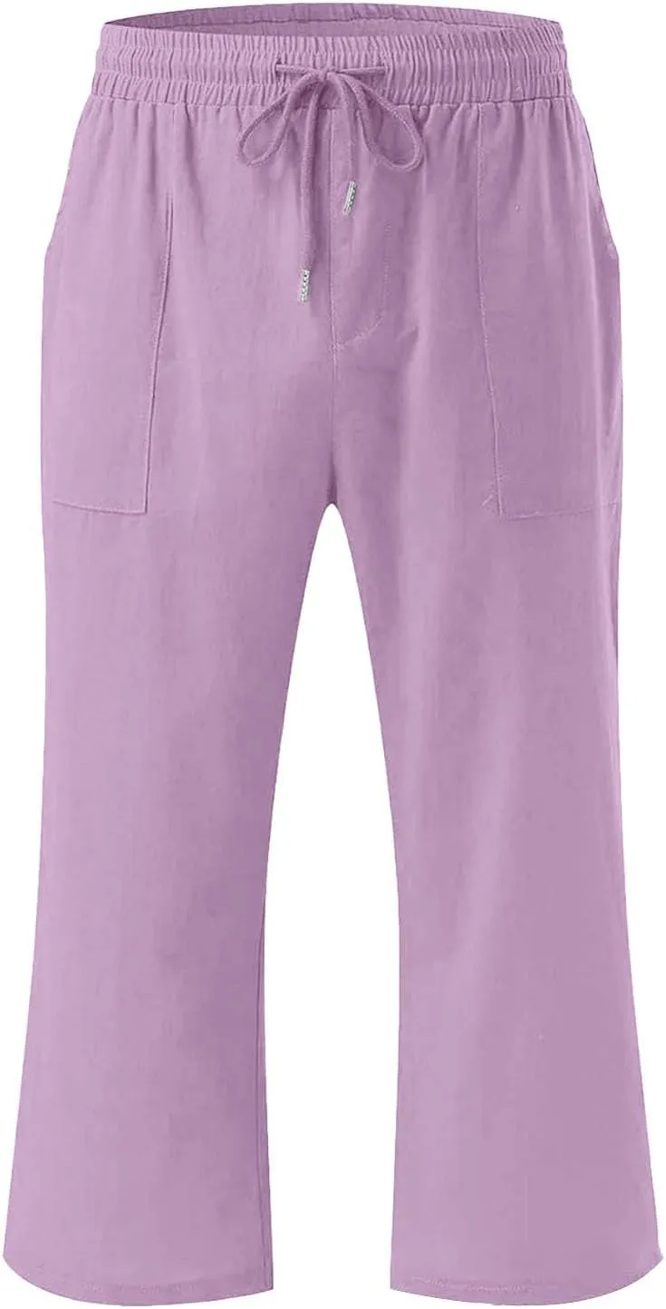 Girls 3/4 Linen Straight Wide Leg Pants Baggy Solid Color High Elastic Waist Trousers Lightweight Pants with Pockets