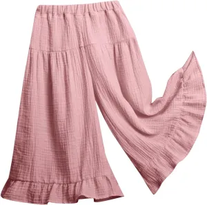 Girls Cotton Pleated Pants Wide Leg Flowy Culottes Pants Elastic Waist Trousers Comfy Casual Loose Jogger Clothes