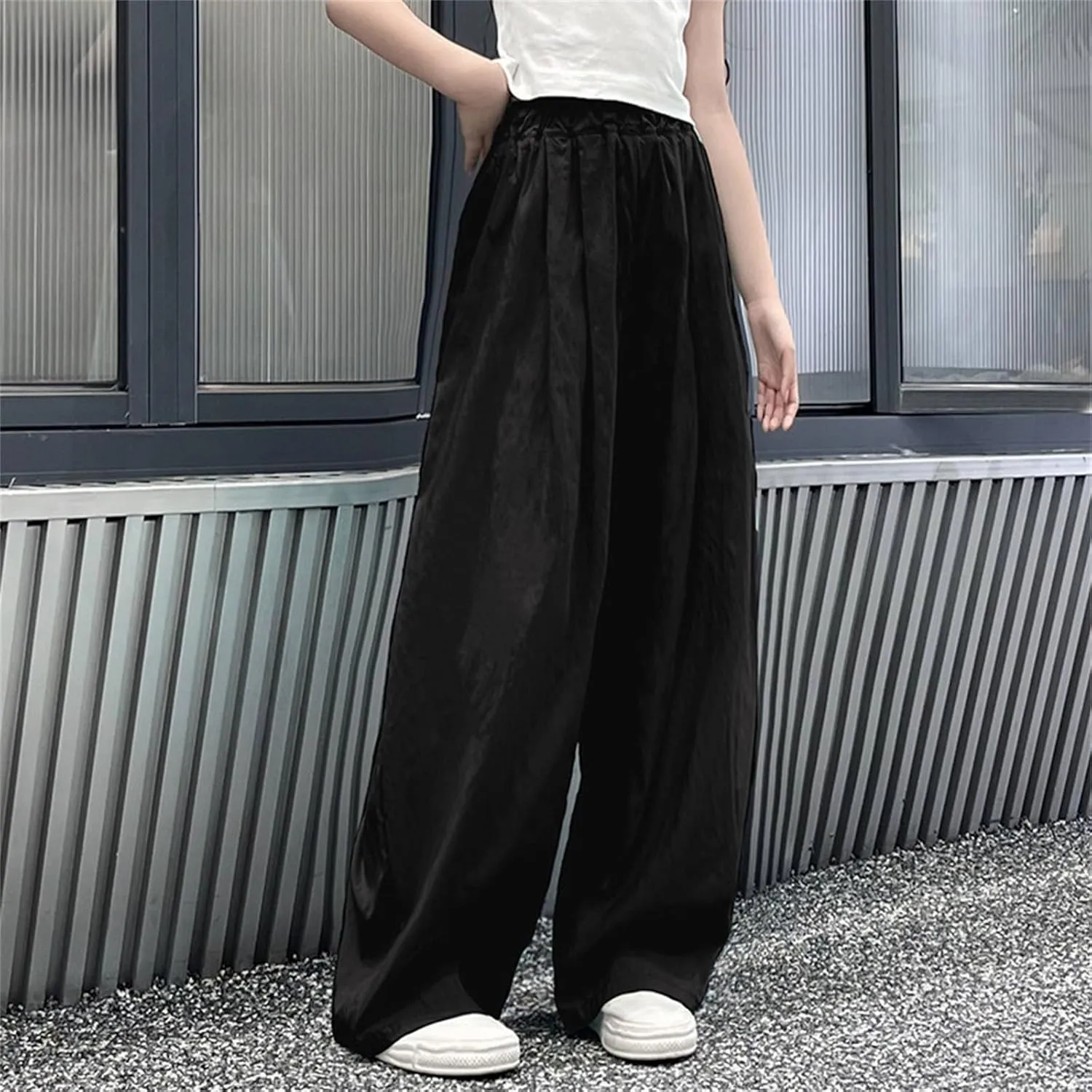 Girls Straight Wide Leg Solid Color Pants High Elastic Waist Baggy Flowy Casual Trousers Y2k Trendy