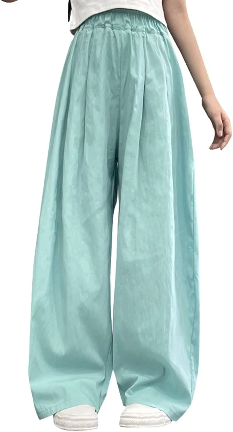 Girls Straight Wide Leg Solid Color Pants High Elastic Waist Baggy Flowy Casual Trousers Y2k Trendy