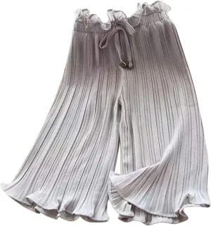 Girls Wide Leg Ruffle Pants Baggy Flowy Trim Cropped Elastic Waist Lightweight Trousers Casual Loose Pants Clothes