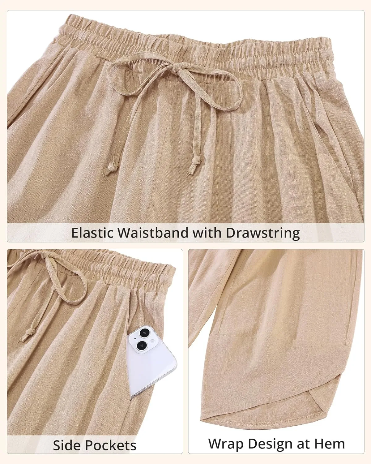 GRAPENT Linen Pants Women High Waisted Wide Leg Casual Beach Pull On Elastic Waist Summer Cropped Pants with Pockets