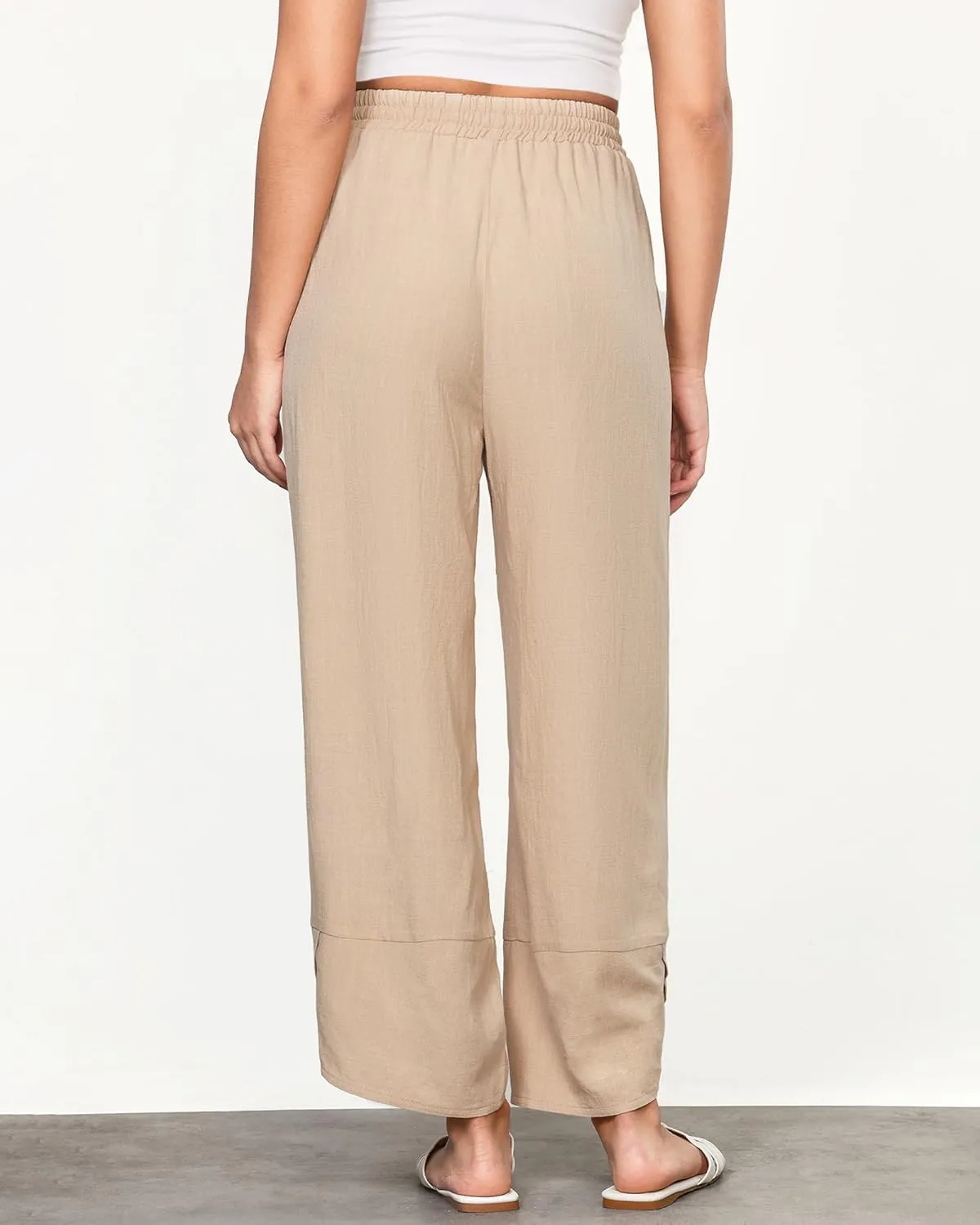 GRAPENT Linen Pants Women High Waisted Wide Leg Casual Beach Pull On Elastic Waist Summer Cropped Pants with Pockets