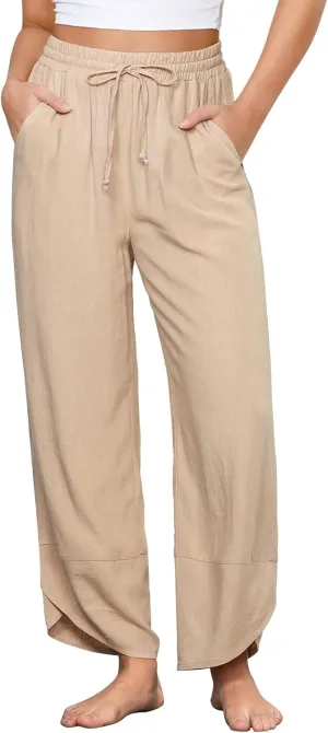 GRAPENT Linen Pants Women High Waisted Wide Leg Casual Beach Pull On Elastic Waist Summer Cropped Pants with Pockets