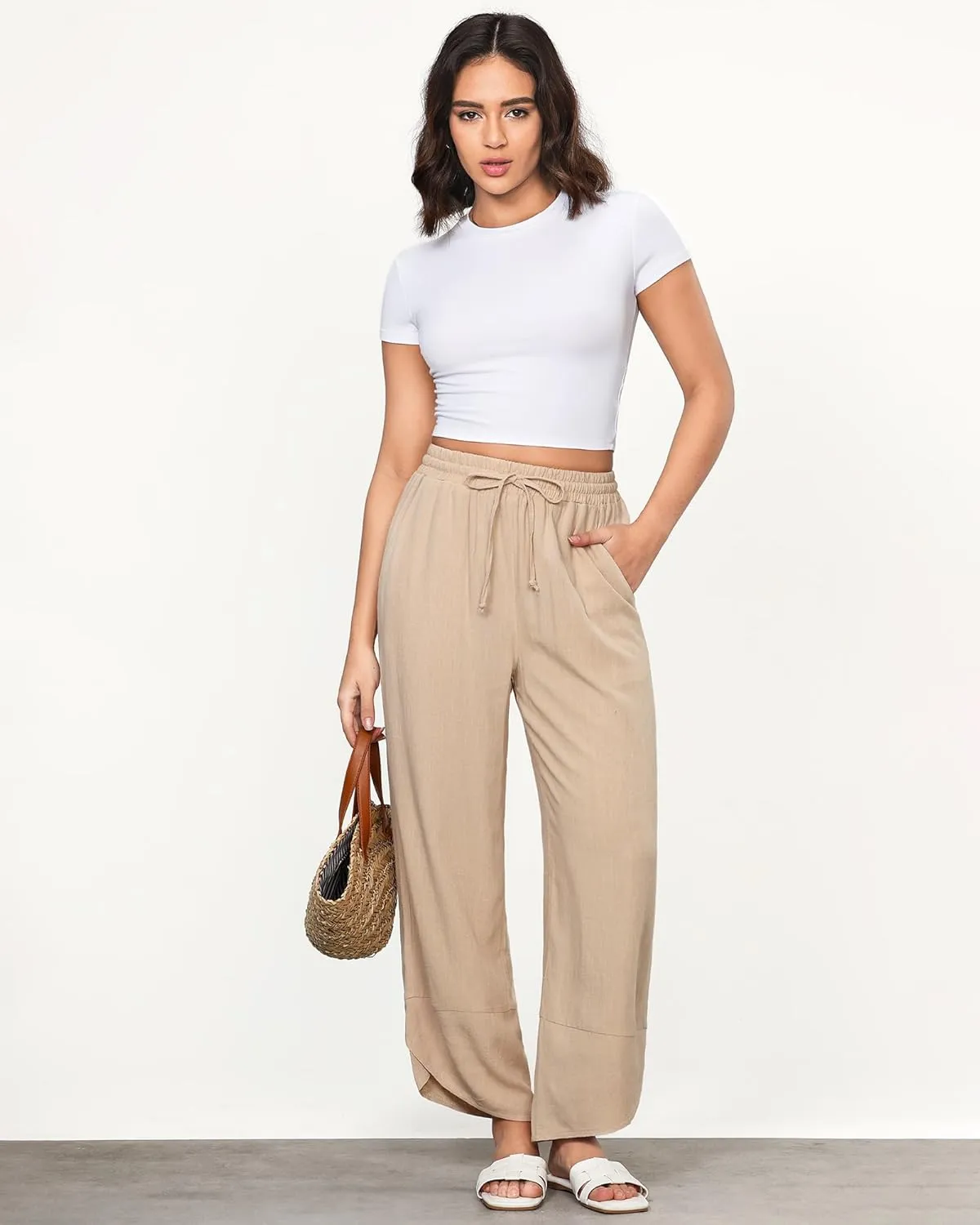 GRAPENT Linen Pants Women High Waisted Wide Leg Casual Beach Pull On Elastic Waist Summer Cropped Pants with Pockets
