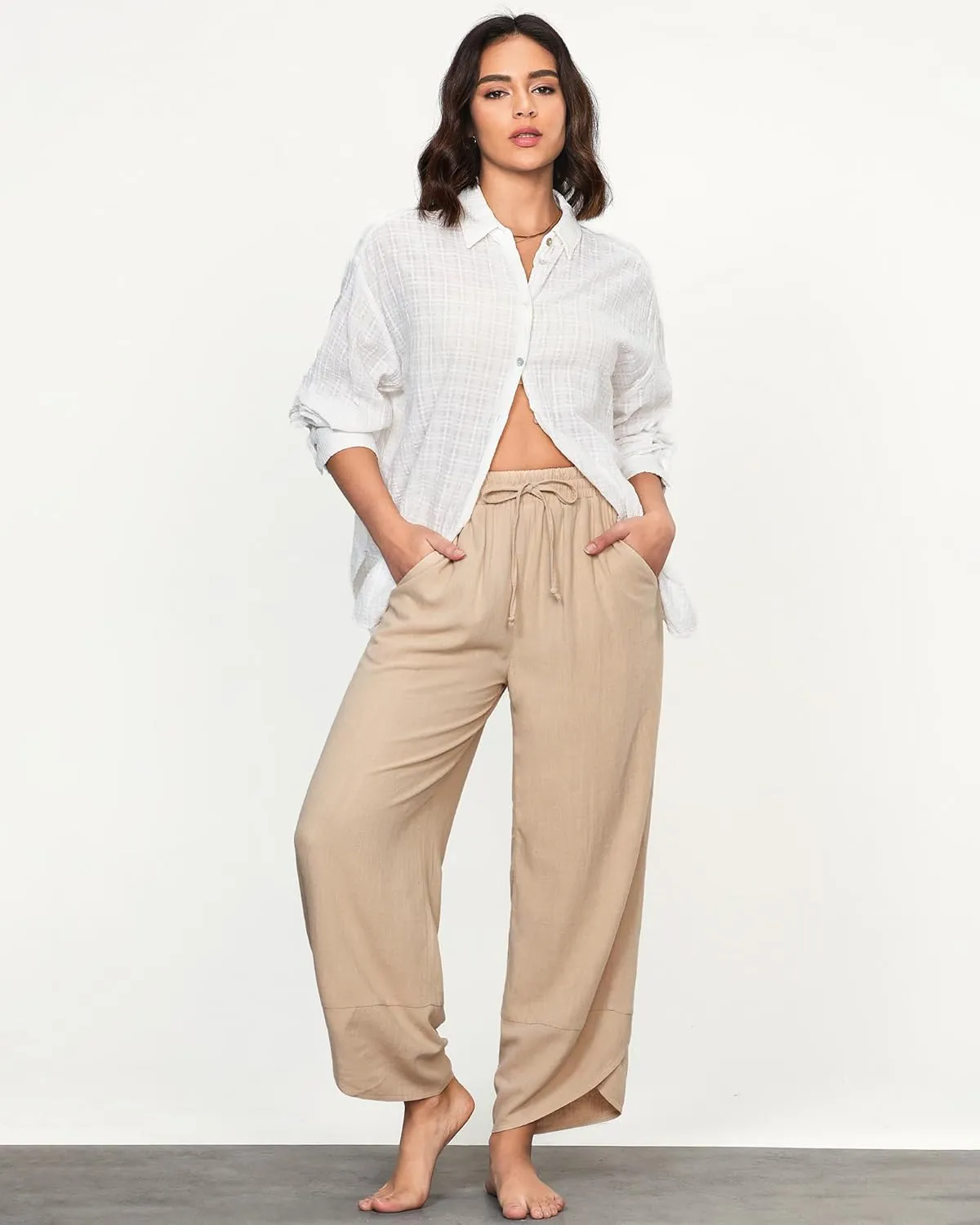 GRAPENT Linen Pants Women High Waisted Wide Leg Casual Beach Pull On Elastic Waist Summer Cropped Pants with Pockets