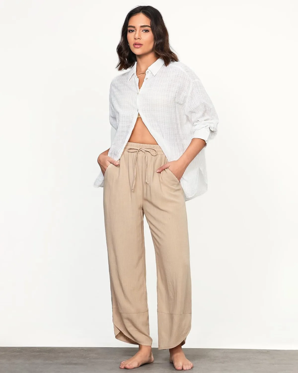 GRAPENT Linen Pants Women High Waisted Wide Leg Casual Beach Pull On Elastic Waist Summer Cropped Pants with Pockets