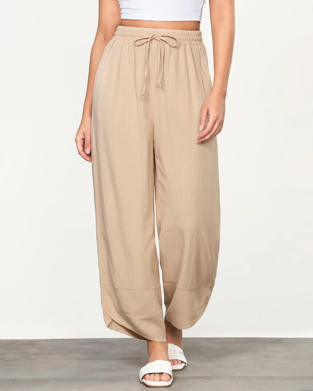 GRAPENT Linen Pants Women High Waisted Wide Leg Casual Beach Pull On Elastic Waist Summer Cropped Pants with Pockets