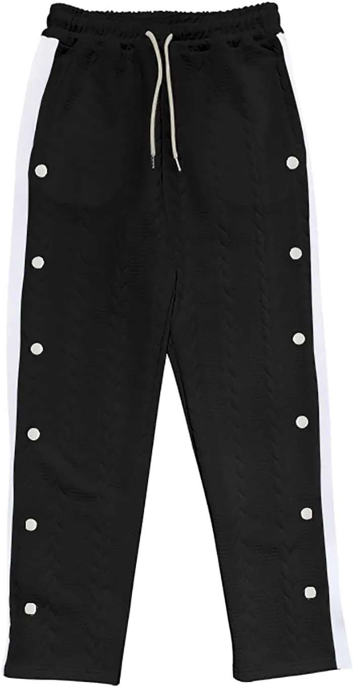 hlysgo Mens Jacquard Sweatpants Casual Loose Fit Side Button Trim Wide Leg Straight Pants Color Block Drawstring Joggers