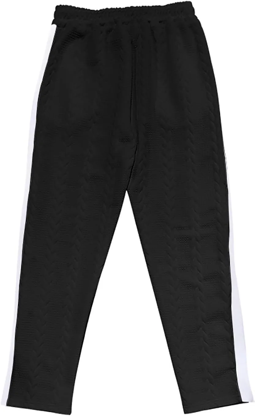 hlysgo Mens Jacquard Sweatpants Casual Loose Fit Side Button Trim Wide Leg Straight Pants Color Block Drawstring Joggers