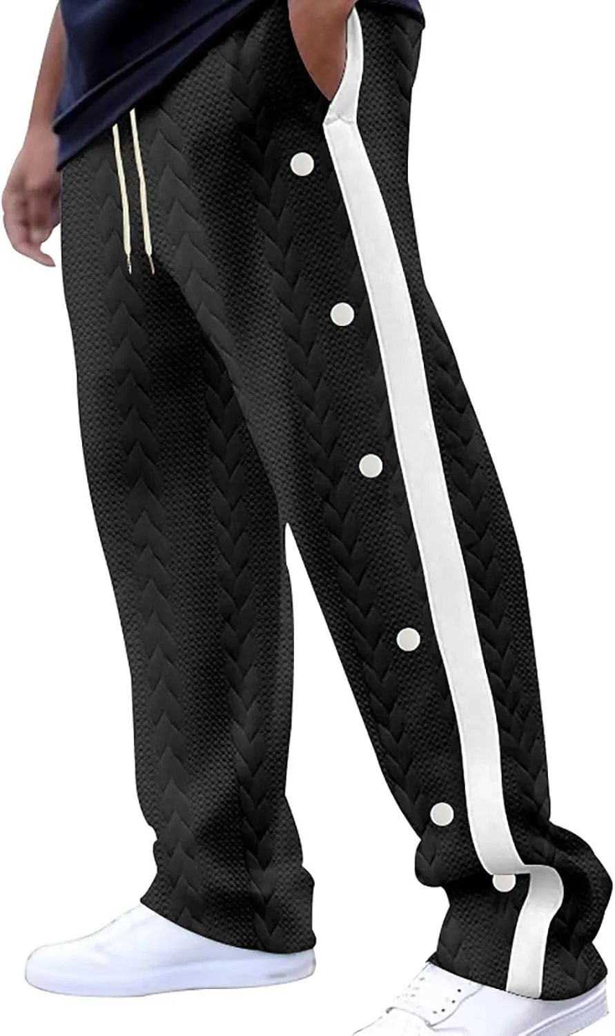 hlysgo Mens Jacquard Sweatpants Casual Loose Fit Side Button Trim Wide Leg Straight Pants Color Block Drawstring Joggers