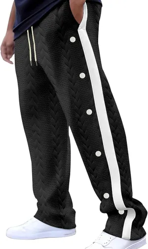 hlysgo Mens Jacquard Sweatpants Casual Loose Fit Side Button Trim Wide Leg Straight Pants Color Block Drawstring Joggers