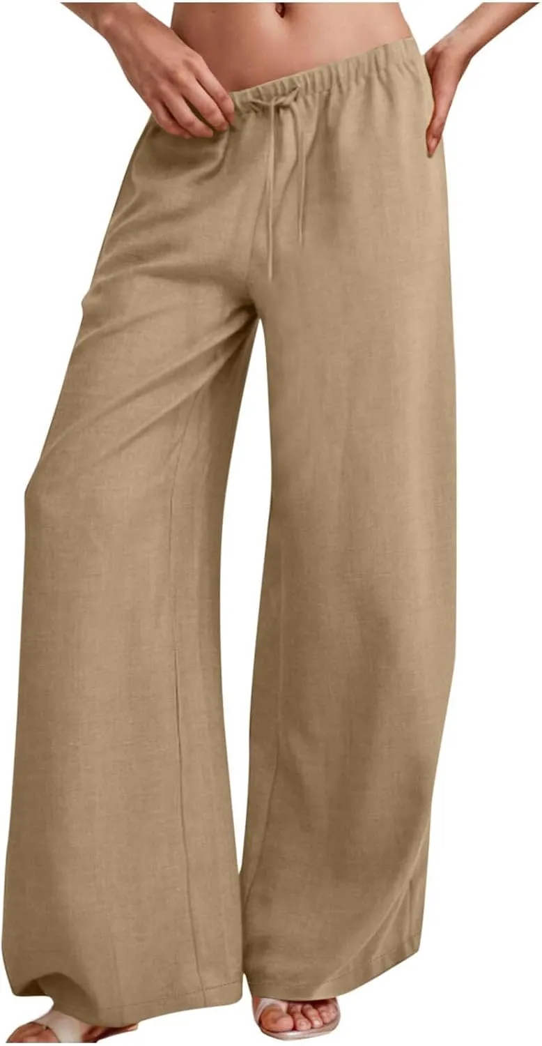 Hvyesh Low Rise Linen Pants for Women Flowy Wide Leg Summer Casual 2025 Y2k Streetwear Trendy Baggy Sweatpants Drawstring