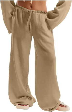 Hvyesh Low Rise Linen Pants for Women Flowy Wide Leg Summer Casual 2025 Y2k Streetwear Trendy Baggy Sweatpants Drawstring