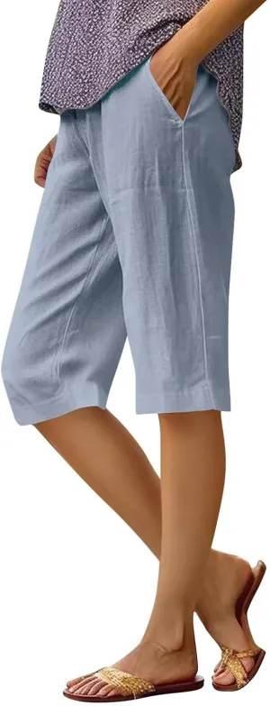 Linen Bermuda Shorts for Women Knee Length 2025 Summer Casual Trendy Beach Pants with Pockets