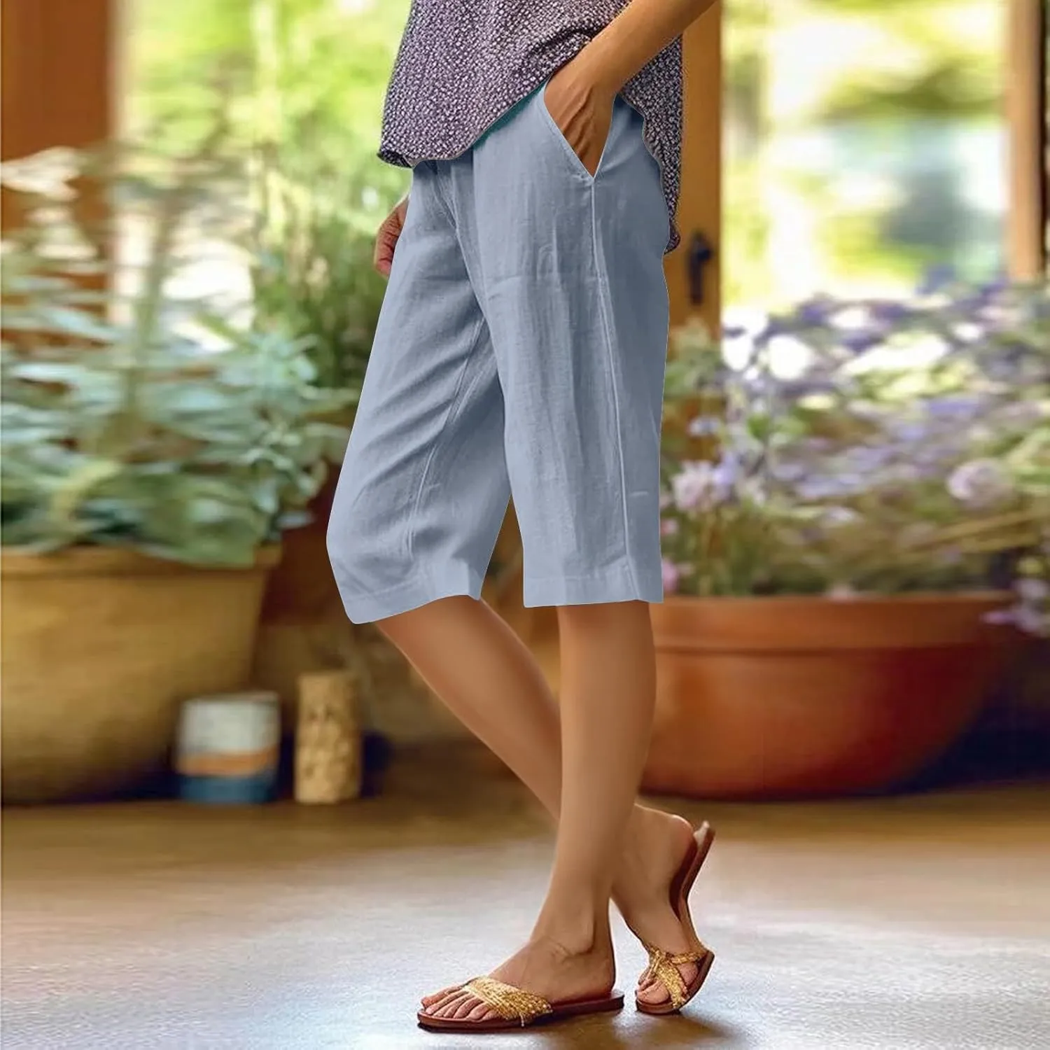 Linen Bermuda Shorts for Women Knee Length 2025 Summer Casual Trendy Beach Pants with Pockets