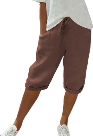 Linen Capri Pants for Women Elastic Waist Pants High Waist Drawstring Casual Pant Lightweight Loose Trousers with Pockets