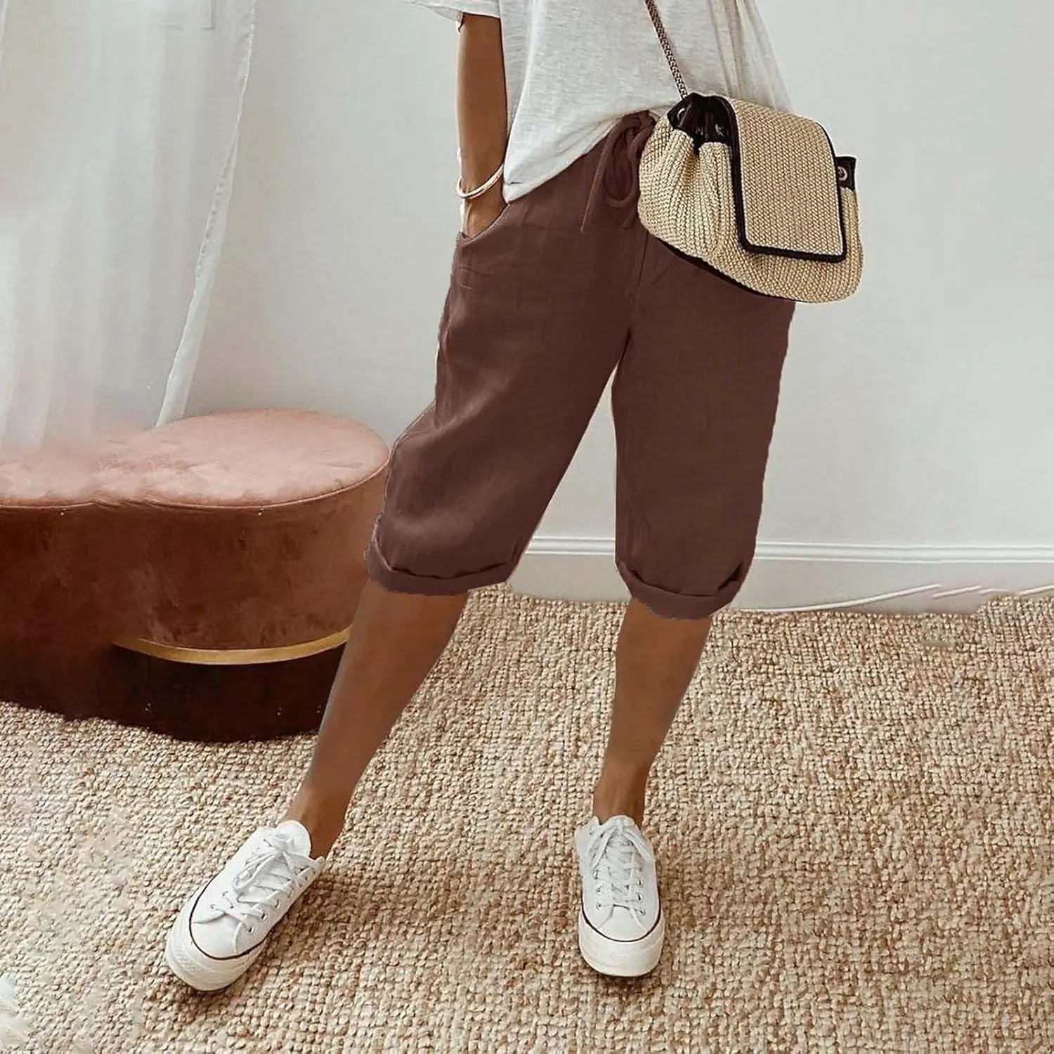 Linen Capri Pants for Women Elastic Waist Pants High Waist Drawstring Casual Pant Lightweight Loose Trousers with Pockets