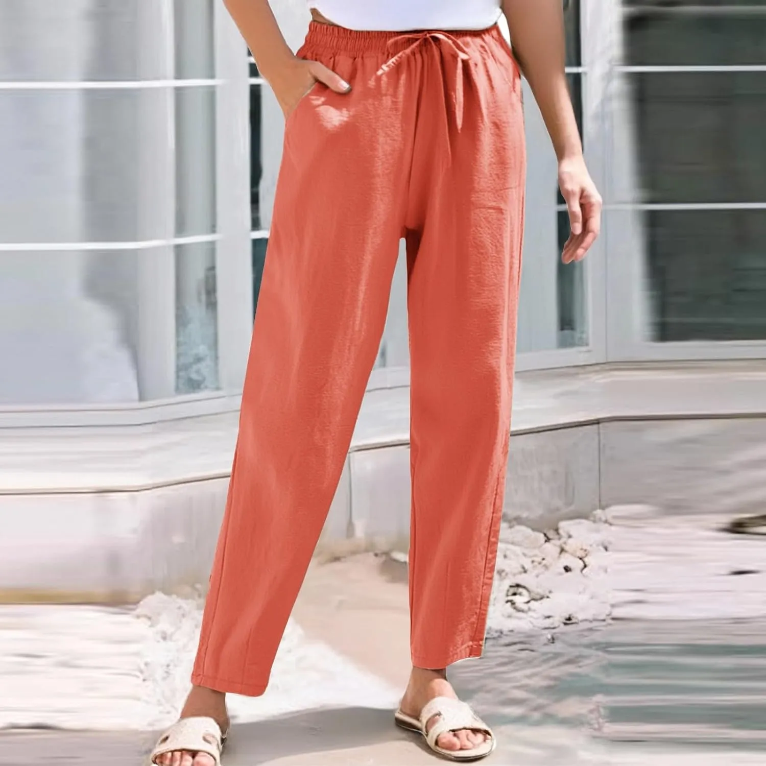 Linen Capris for Women High Waisted Cotton Linen Tapered Cropped Pants Summer Straight Leg Drawstring Trousers