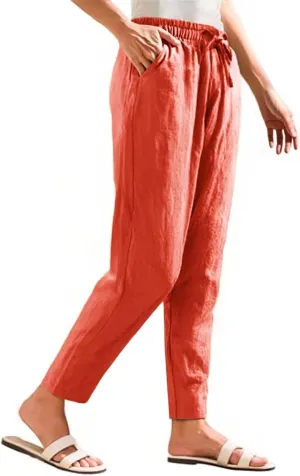 Linen Capris for Women High Waisted Cotton Linen Tapered Cropped Pants Summer Straight Leg Drawstring Trousers