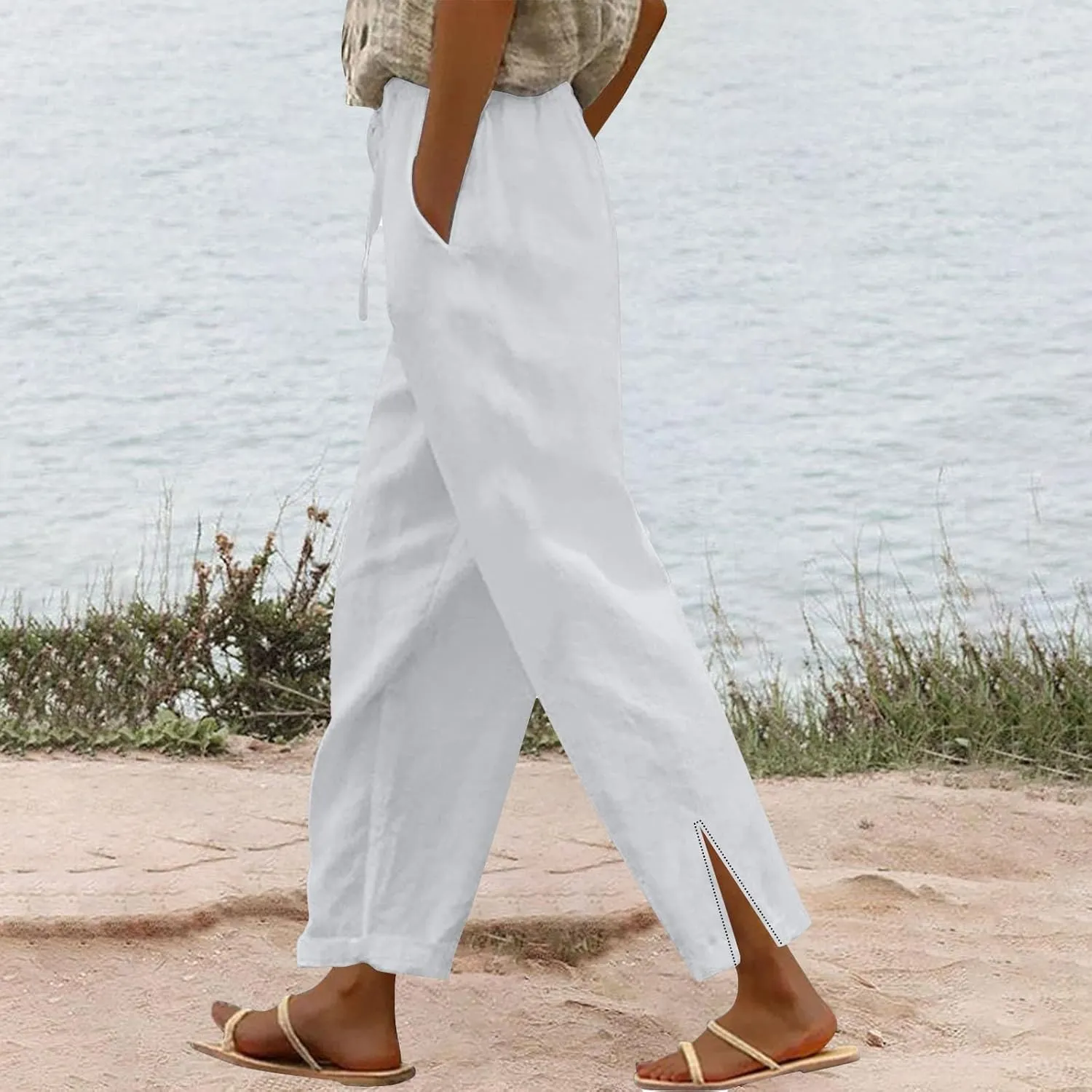 Linen Pants for Women 2025 Summer High Waist Elastic Straight Leg Lounge Pant Casual Lightweight Beach Trousers