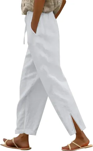 Linen Pants for Women 2025 Summer High Waist Elastic Straight Leg Lounge Pant Casual Lightweight Beach Trousers
