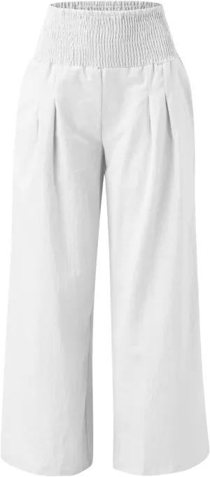 Linen Pants Women Summer Wide Leg Pants Smocked Waist Pants High Waisted Lounge Pants Casual Flowy Palazzo Beach Trousers