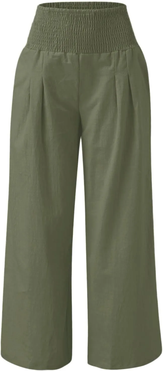 Linen Pants Women Summer Wide Leg Pants Smocked Waist Pants High Waisted Lounge Pants Casual Flowy Palazzo Beach Trousers