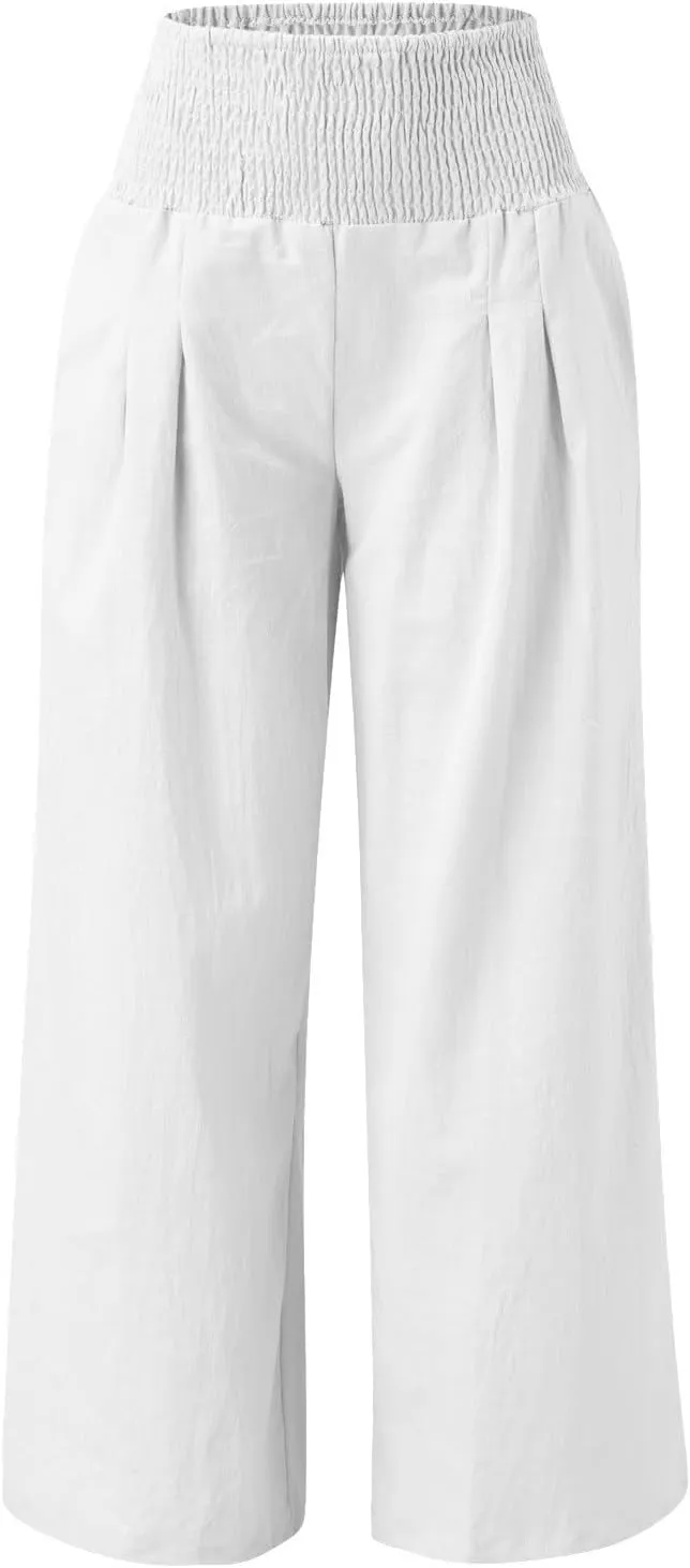 Linen Pants Women Summer Wide Leg Pants Smocked Waist Pants High Waisted Lounge Pants Casual Flowy Palazzo Beach Trousers