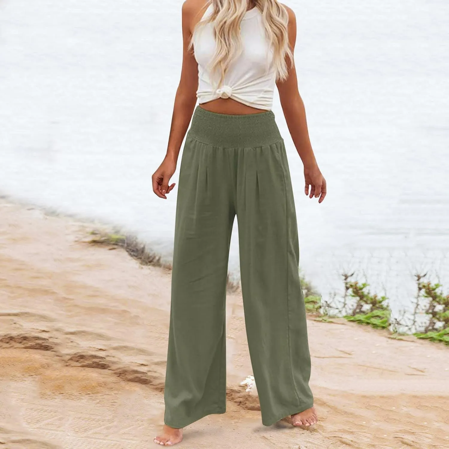 Linen Pants Women Summer Wide Leg Pants Smocked Waist Pants High Waisted Lounge Pants Casual Flowy Palazzo Beach Trousers