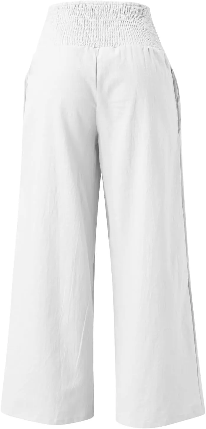Linen Pants Women Summer Wide Leg Pants Smocked Waist Pants High Waisted Lounge Pants Casual Flowy Palazzo Beach Trousers