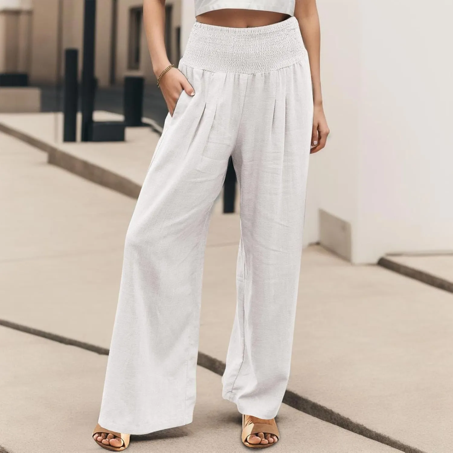 Linen Pants Women Summer Wide Leg Pants Smocked Waist Pants High Waisted Lounge Pants Casual Flowy Palazzo Beach Trousers