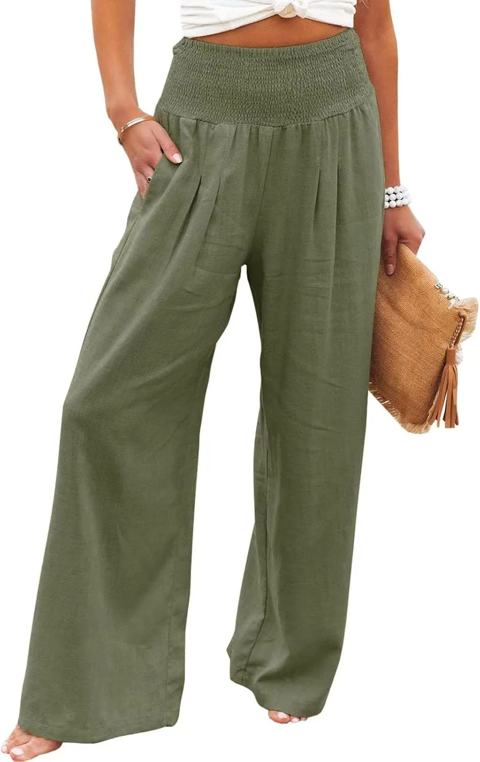 Linen Pants Women Summer Wide Leg Pants Smocked Waist Pants High Waisted Lounge Pants Casual Flowy Palazzo Beach Trousers