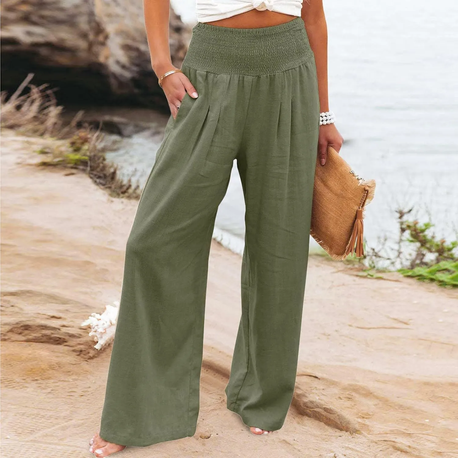 Linen Pants Women Summer Wide Leg Pants Smocked Waist Pants High Waisted Lounge Pants Casual Flowy Palazzo Beach Trousers