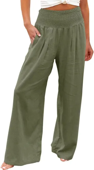 Linen Pants Women Summer Wide Leg Pants Smocked Waist Pants High Waisted Lounge Pants Casual Flowy Palazzo Beach Trousers