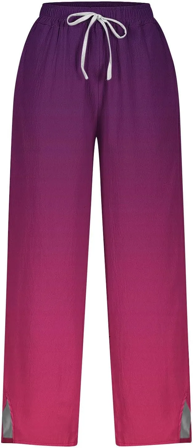 Linen Pants Women with Pocket Summer Lightweight Loose Cotton Trousers Wide Leg Side Slit Gradient Color High Rise Pant