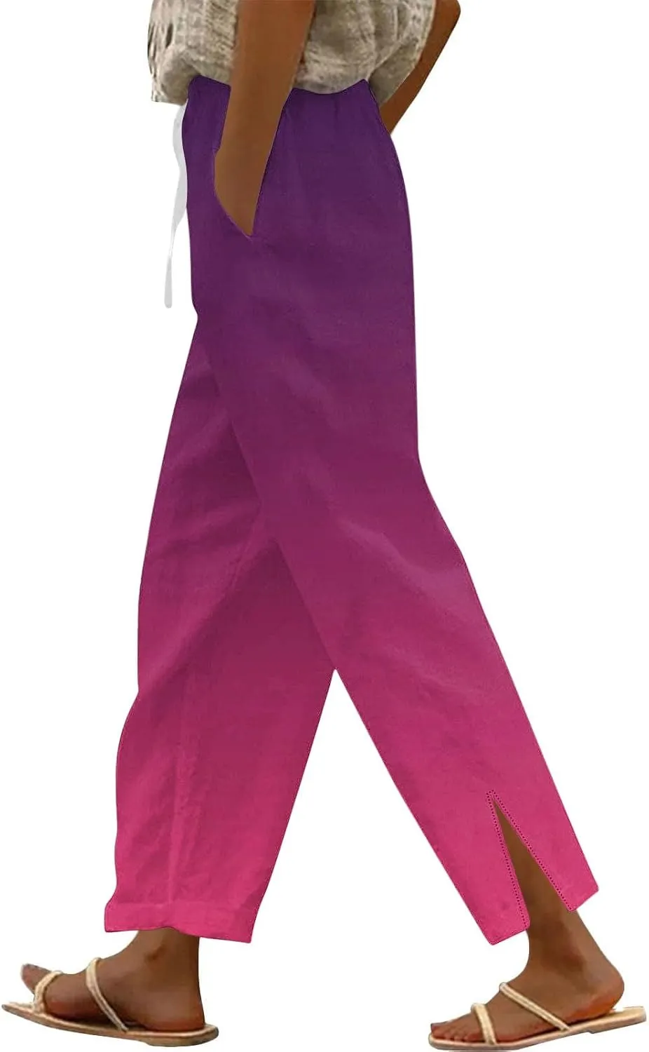 Linen Pants Women with Pocket Summer Lightweight Loose Cotton Trousers Wide Leg Side Slit Gradient Color High Rise Pant