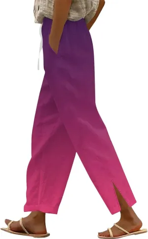 Linen Pants Women with Pocket Summer Lightweight Loose Cotton Trousers Wide Leg Side Slit Gradient Color High Rise Pant