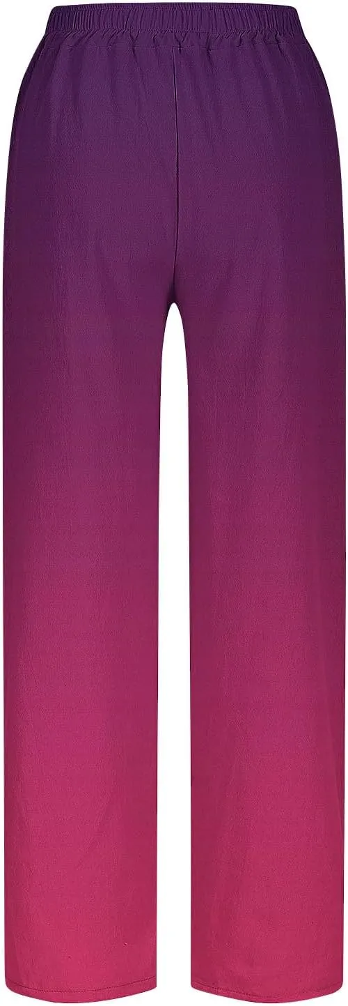 Linen Pants Women with Pocket Summer Lightweight Loose Cotton Trousers Wide Leg Side Slit Gradient Color High Rise Pant