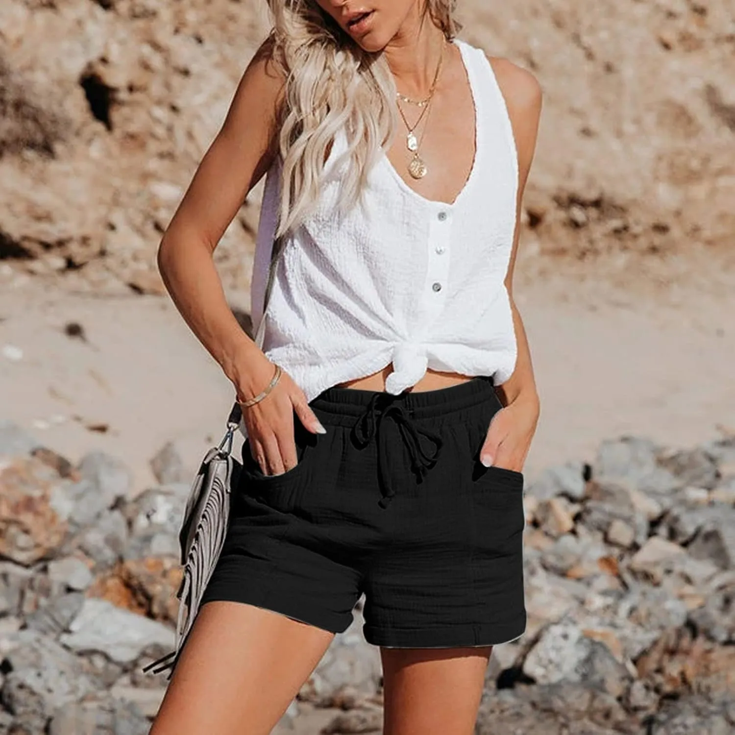 Linen Shorts for Women 2025 Summer Beach Resort Wear Drawstring Elastic High Waist Dressy Casual Shorts with Pockets