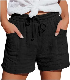 Linen Shorts for Women 2025 Summer Beach Resort Wear Drawstring Elastic High Waist Dressy Casual Shorts with Pockets