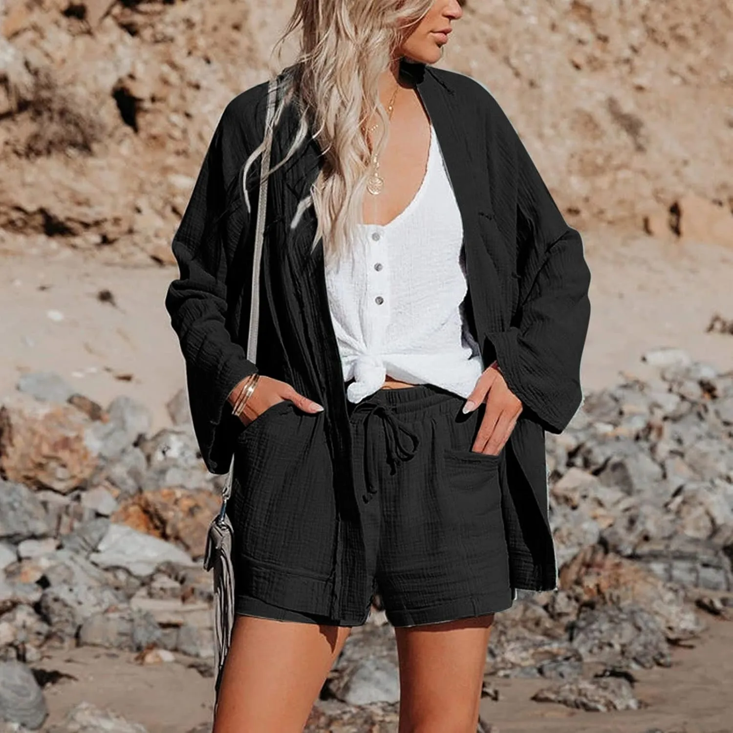 Linen Shorts for Women 2025 Summer Beach Resort Wear Drawstring Elastic High Waist Dressy Casual Shorts with Pockets