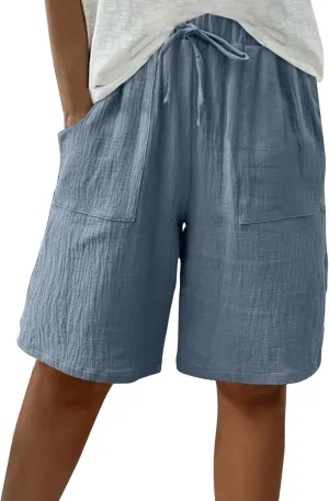 Linen Shorts for Women Knee Length High Waisted Lounge Shorts Summer Casual Drawstring Plus Size Short with Pockets