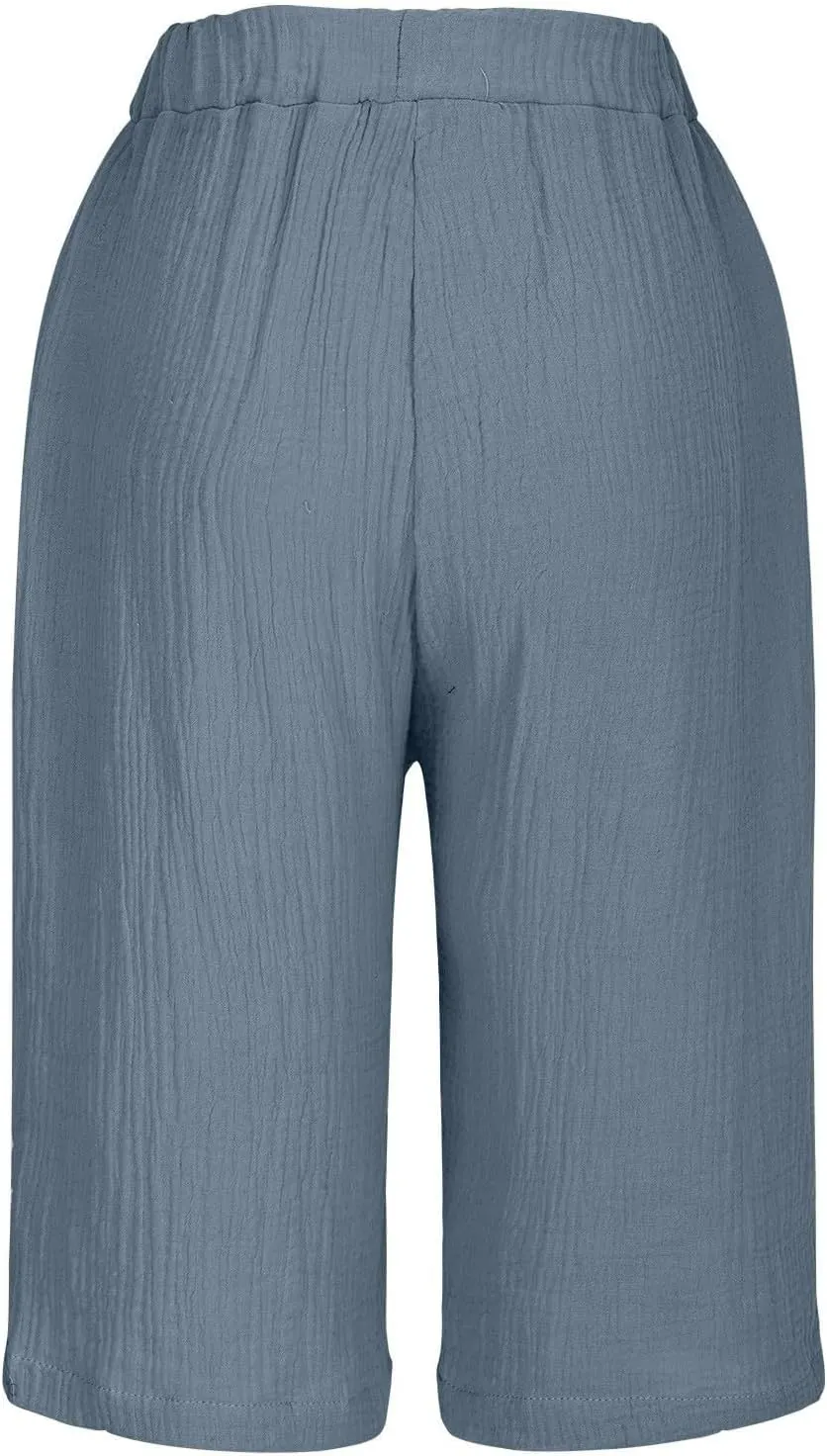 Linen Shorts for Women Knee Length High Waisted Lounge Shorts Summer Casual Drawstring Plus Size Short with Pockets