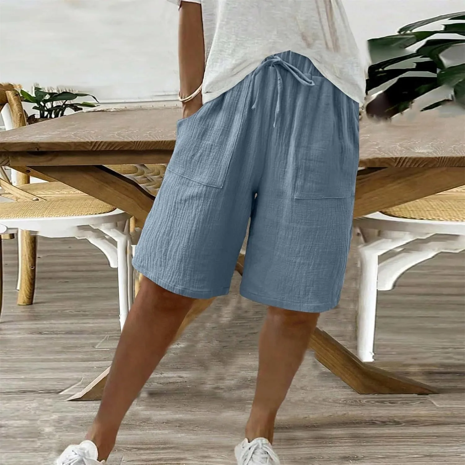 Linen Shorts for Women Knee Length High Waisted Lounge Shorts Summer Casual Drawstring Plus Size Short with Pockets