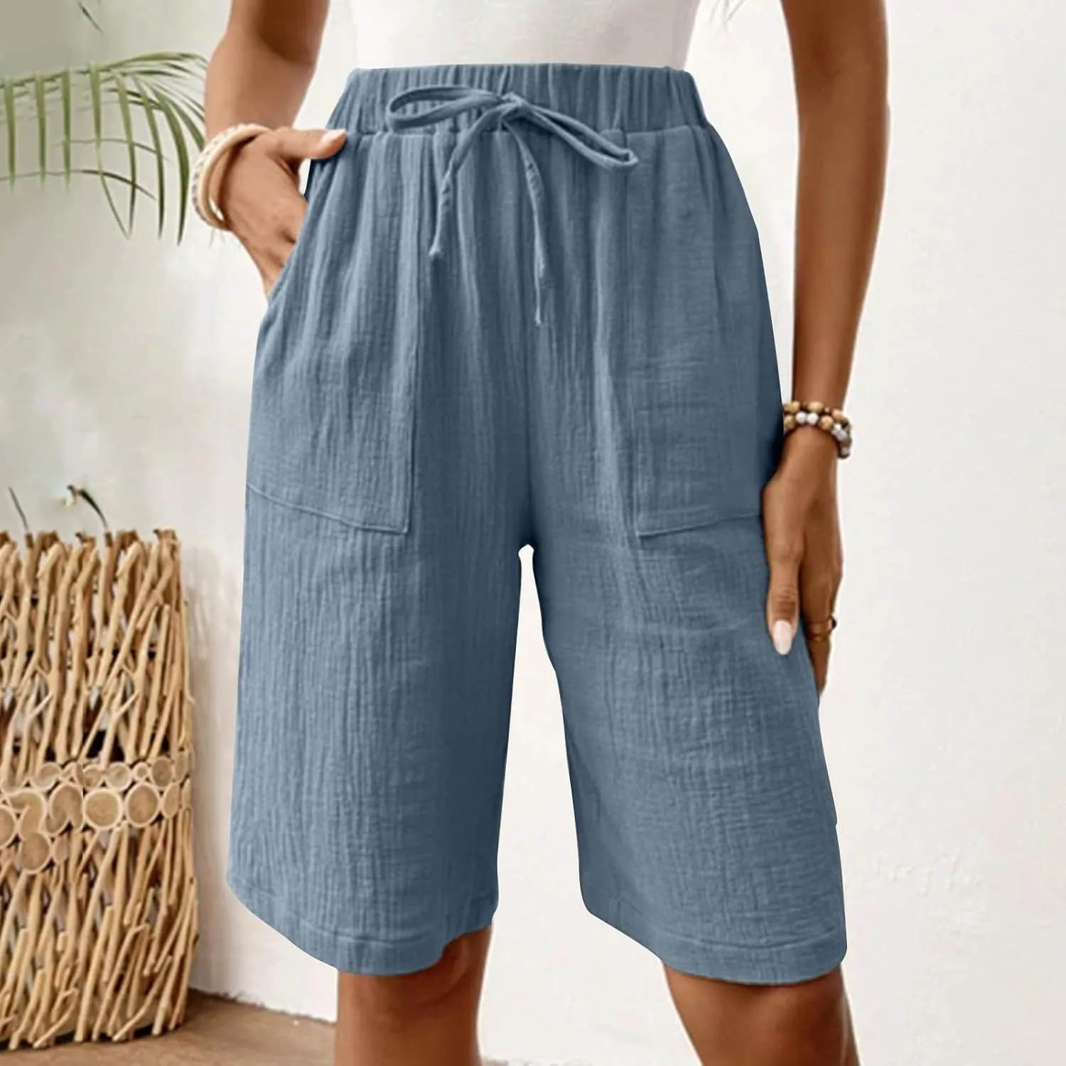 Linen Shorts for Women Knee Length High Waisted Lounge Shorts Summer Casual Drawstring Plus Size Short with Pockets