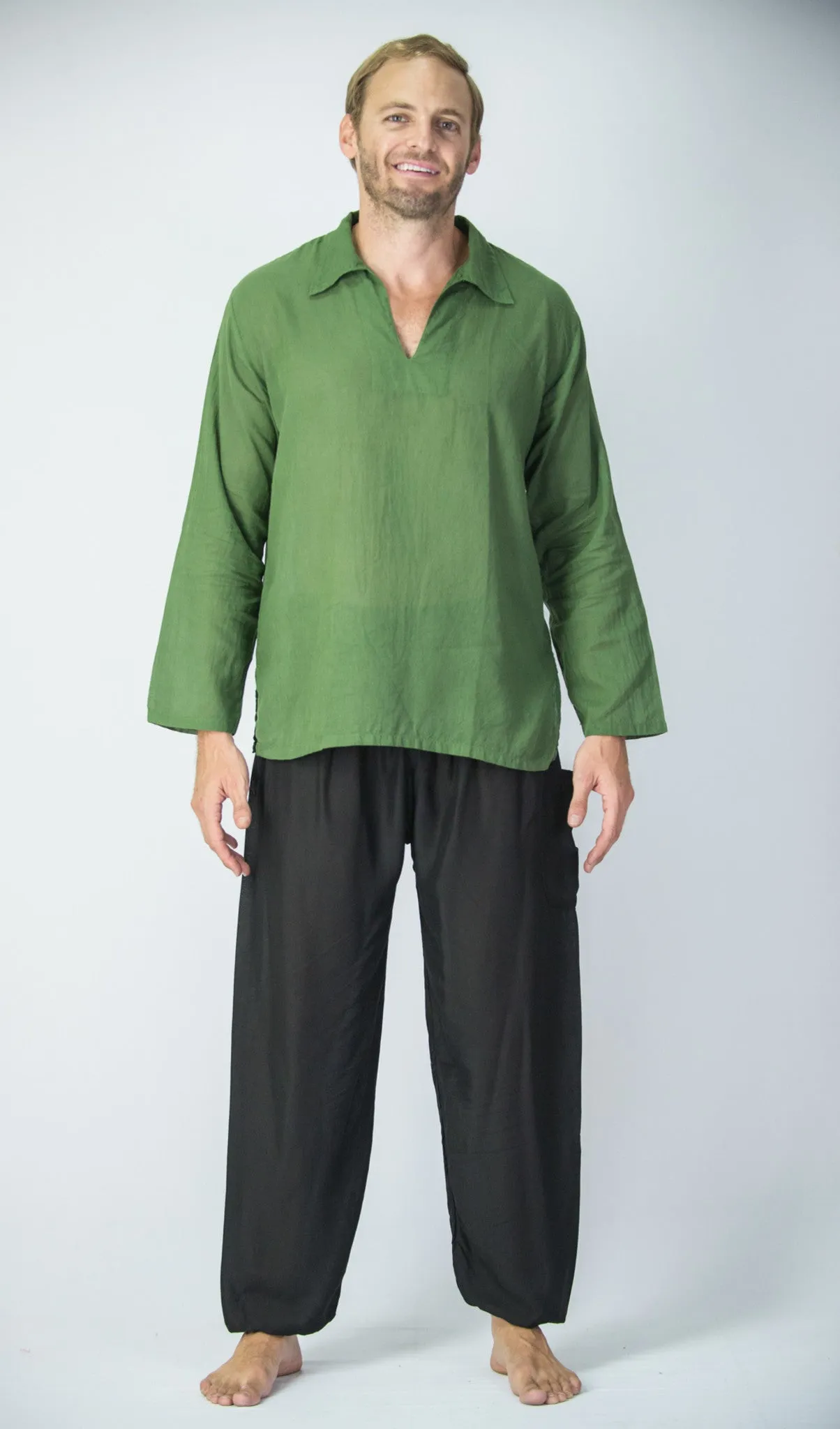 Mens V Neck Collar Yoga Shirt in Olive